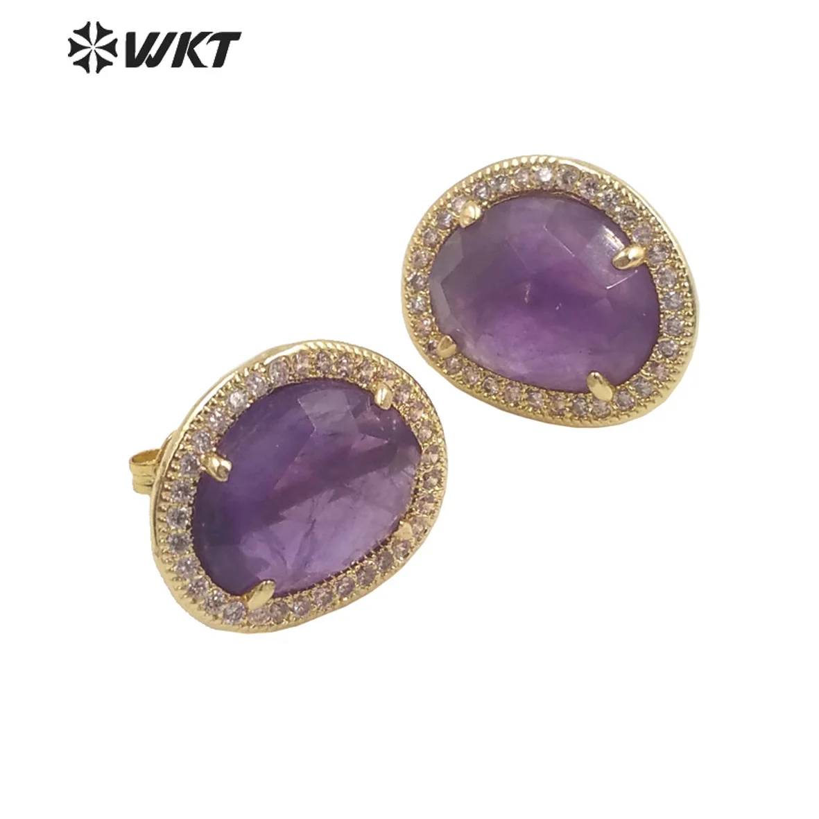 

WT-ME085 WKT Natural Gemstone With Micropave Cubic Zircon Studs Precious Birthday Stone For Friend Gift Earring