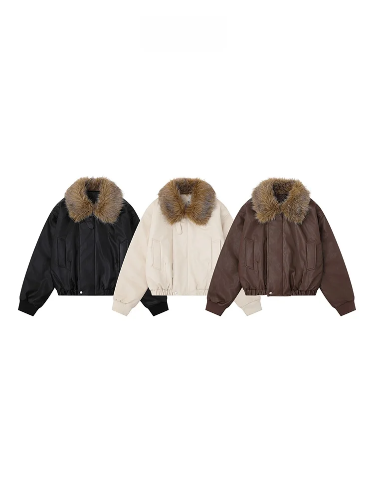 Free Center American Retro Sle ort PU Leather Cotton Jaet with Fur Collar ex Casual Winter Warm Outerwear