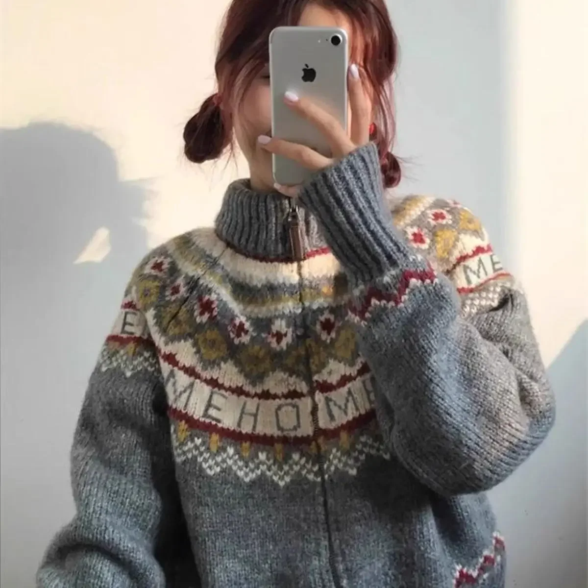 Vintage Sweet Zip Up Jacket Knitted Cardigans Soft Sweaters Autumn Print Women Clothing Long Sleeve Tops Loose Casual Outerwear