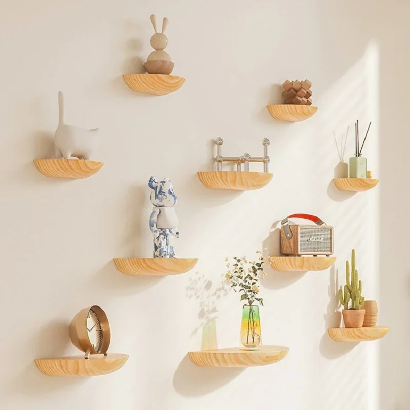 Semicircle Wooden Wall Shelf Solid Wood Partition Wall Rack Shelf Wall Hanging Background Floating Projector Display Stand Decor