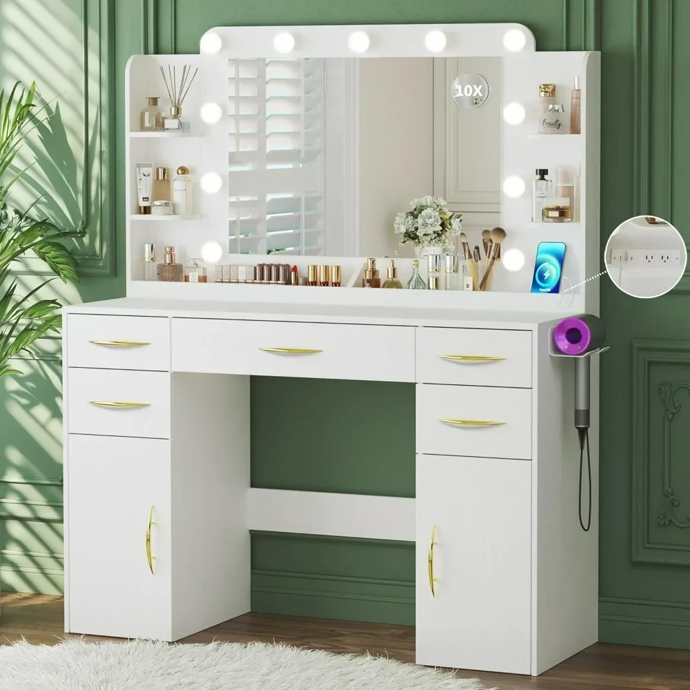 Makeup Vanity Desk with Mirror and Lights, Vanity with Power Outlet,  Shelves, Vanity for Bedroom