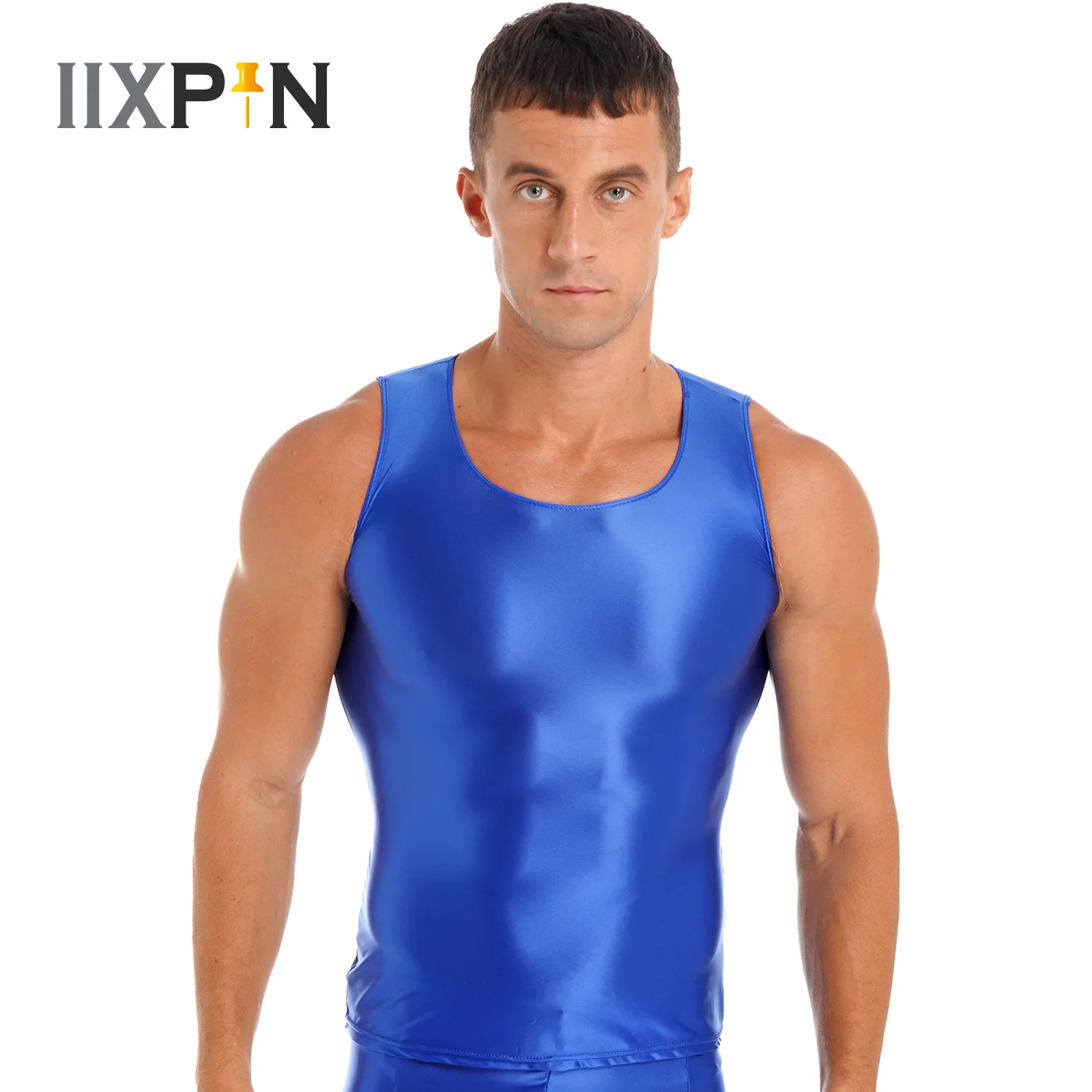 Mens Glossy Tank Top Sleeveless Vest Round Neck Smooth T-shirt Fitness Gym Training Solid Color Slim Fit Vest Sportwear Swimwear