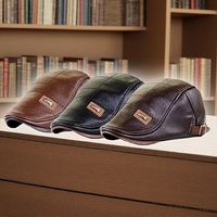 Collrown Classic Men's PU Leather Adjustable Hat for Autumn & Winter, Warm Beret Flat Cap
