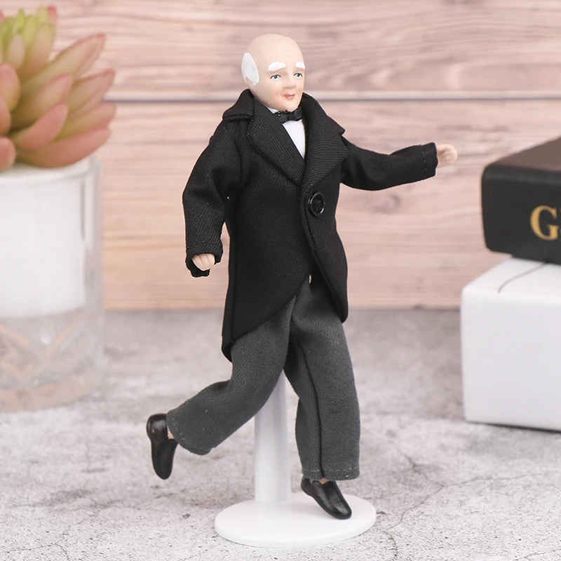 Hot Sale 1:12 Dollhouse Miniature Porcelain Doll Model Old Man Servant Butler Doll Toy