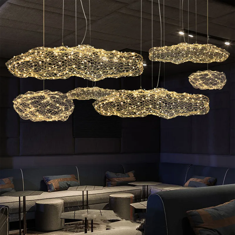 Modern Art Design Stars Fireflies Iron Mesh Cloud Chandelier Bedroom Stair Creative Restaurants Decorative Lighting Fixtures LED