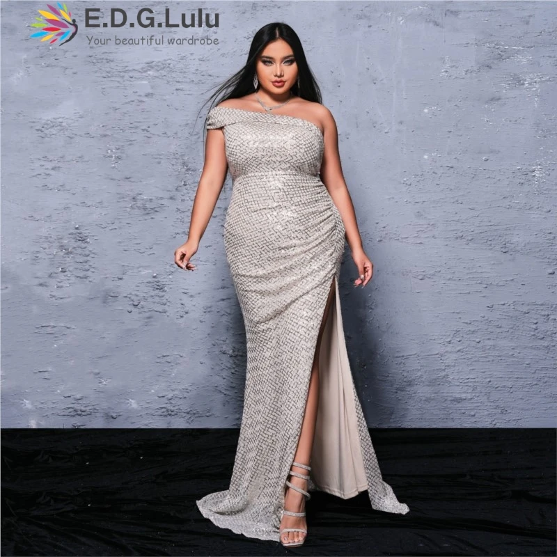 

EDGLuLu Asymmetric Collar One Shoulder Plus Size Party Dress For Women Sequin High Split Night Club Glitter Evening Dresses 0614