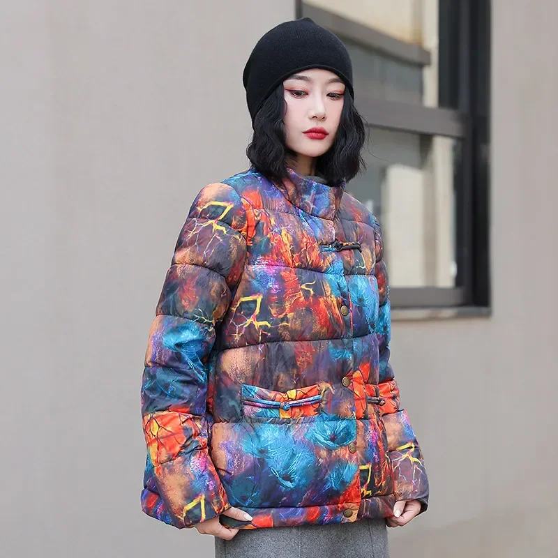 الوقوف طوق الخريف الشتاء العرقية نمط المرأة معطف القطن ملابس طويلة الأكمام وسادة مبطنة الإناث