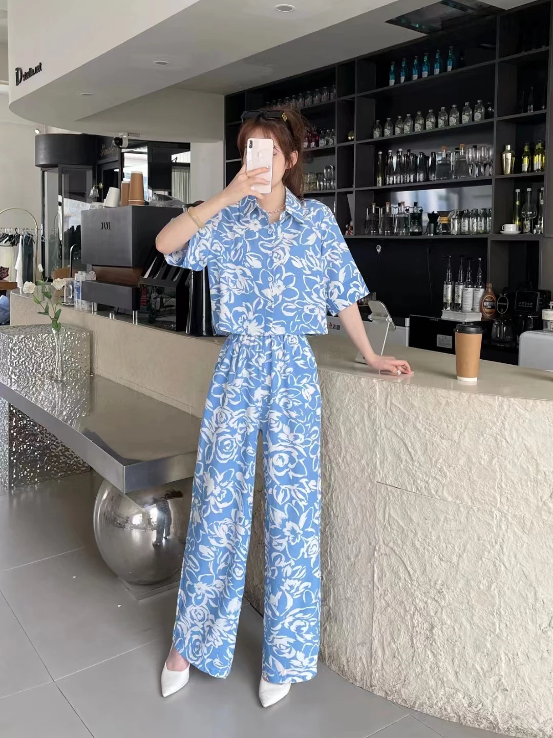 2024 New Spring Summer Women Sweet Florl Long Pants Suits Loose Short Shirt And High Waist Wide Leg Long Pants Two Piece Set