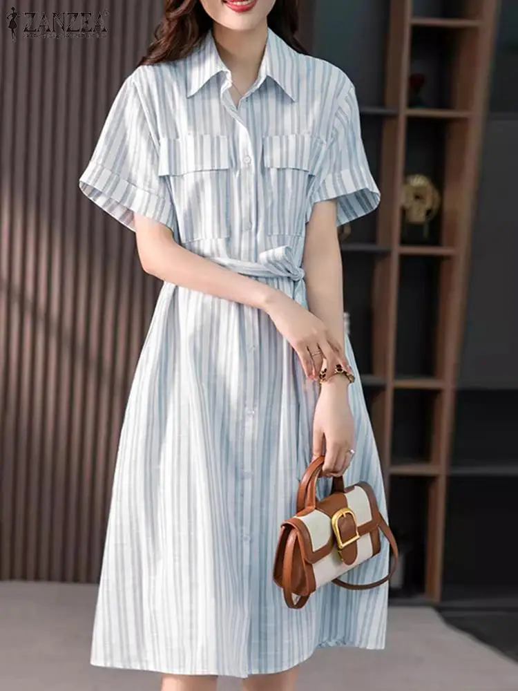 ZANZEA Summer Striped Long Shirt Dress 2024 Women Short Sleeve Sundress Holiday Pocket Lapel Collar Vestidos Casual Midi Dresses