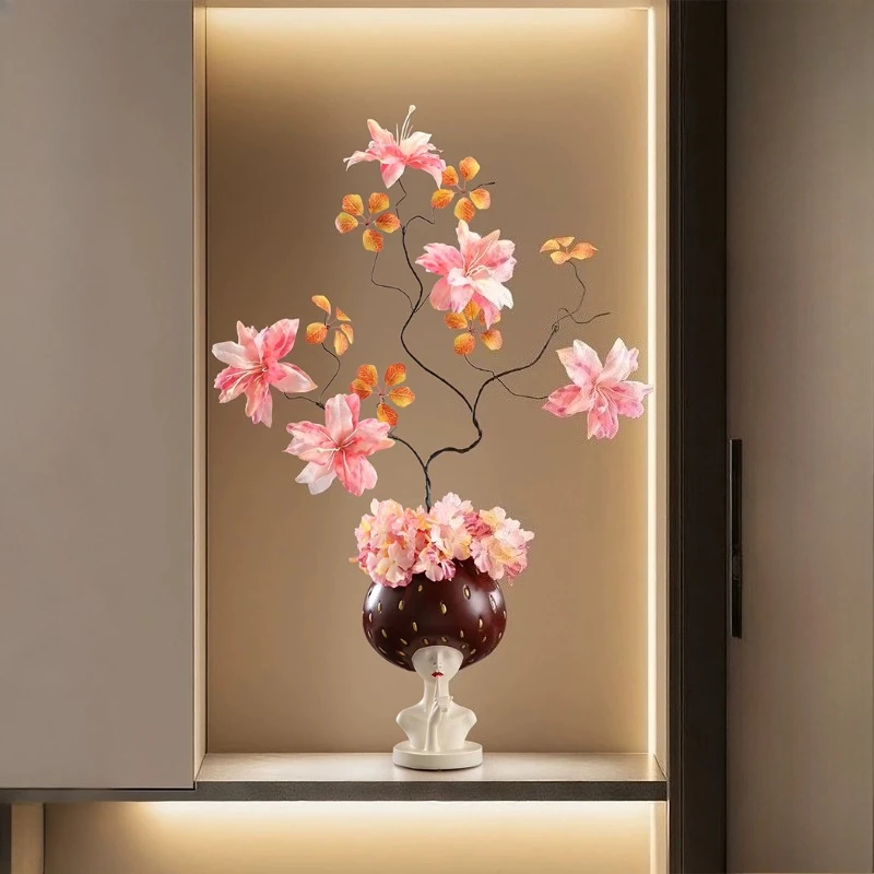 Modern Home Decor Creative Strawberry Girl Statue Simulation Flower Vase Luxury LivingRoom Entrance Wall Niche Vertical Ornament