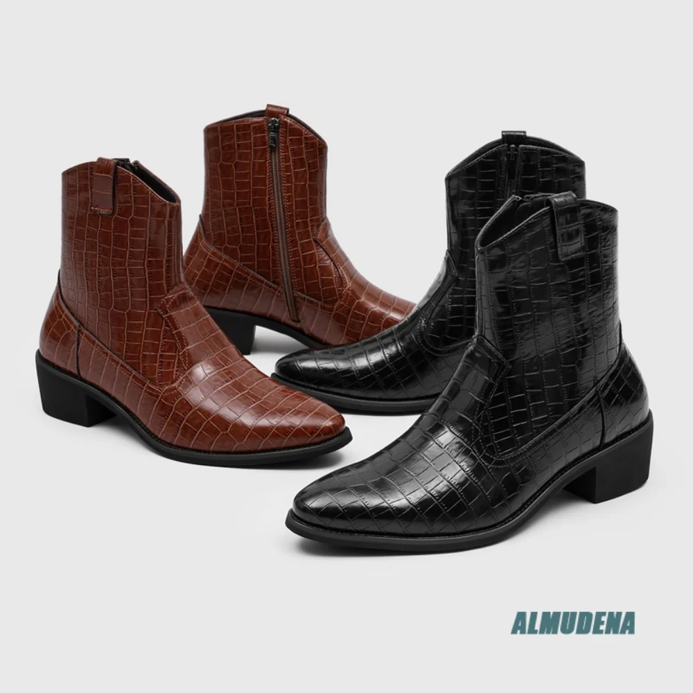 Street Style Men Short Boots Pointed Toe Side Zip Mid Block Heel Fashion Ankle Boots Versatile Shoes For Daily Commute Party