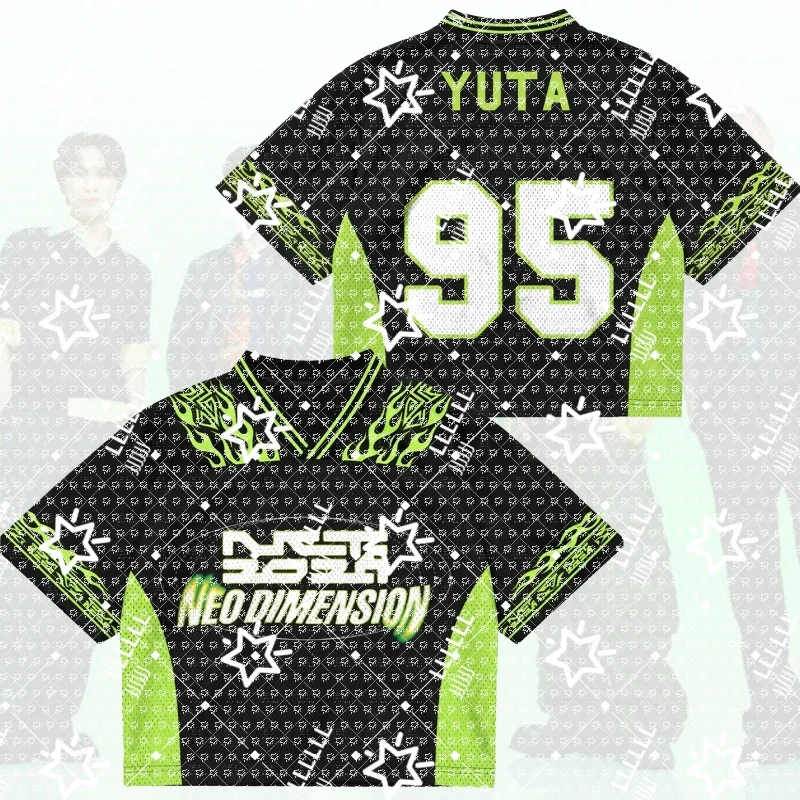 Women K-Pop Cropped Football Jersey Black Neon Green Flame Print Number 95 V-Neck Short Sleeve Crop Top Concert Fan Streetwear