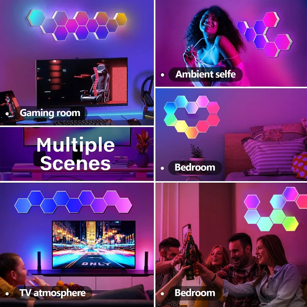 Smart Hexagonal Wall Lamp RGB Color changing Ambient Night Light DIY Shape Music Rhythm APP For Game Room Bedroom Intelligent