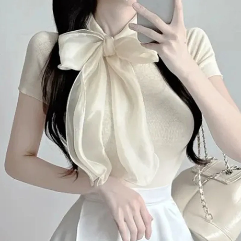 

Korean Pure Desire Bowknot Slim Sexy Bodycon Ribbon Knitted Short Sleeve T-Shirt For Women Tees Fashion Women Top 9RU8