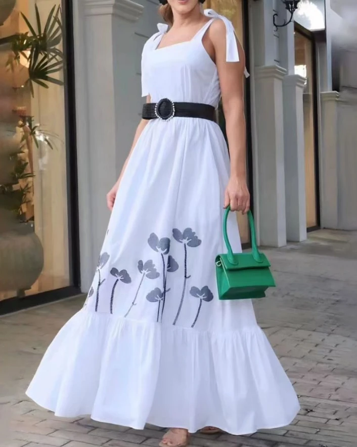 Frauen Kleid Blumen druck gebunden Detail ärmelloses Maxi kleid 2024 Frühling/Sommer neuesten lässigen quadratischen Hals Kittel Rüschen langen Rock