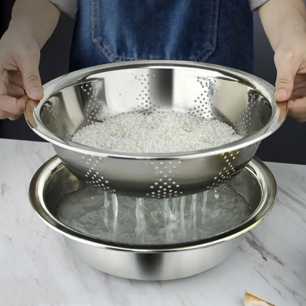 1 set Stainless Steel Washing Basin 304 Thickened Drain Basin For Rice Noodle Soup Vegetable Fruit Kitchen Use Multipurpose Sink