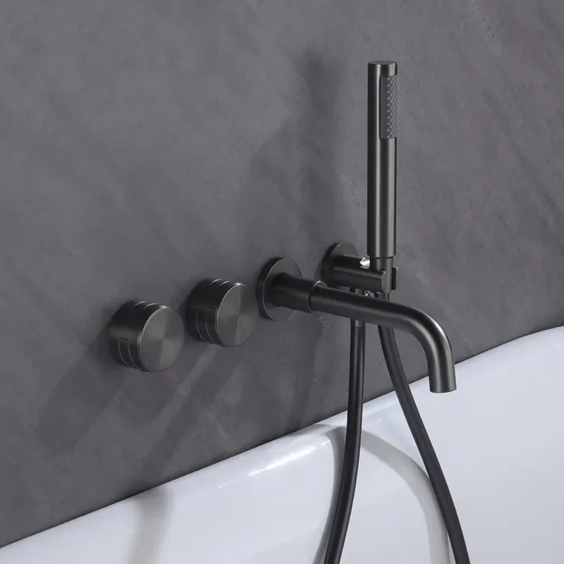 Wholesale Brass Brushed Gold Bathtub Concealed Cold Hot Light Ceramic Cylinder Edge Wall-Mounted Embedded Shower Set