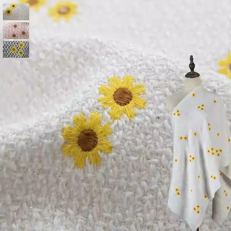 

Плетеная твидовая ткань белого цвета и цветочной вышивкой, окрашенная в пряже для женской куртки, платья, костюма, пальто, ткань «сделай сам», швейный материал