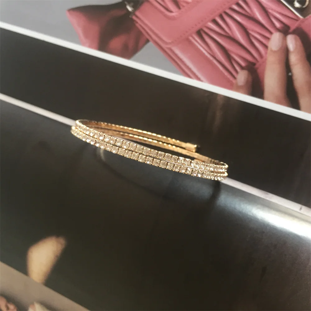 Trendy Gold Color Clear Stone Paving Wrapping 2 Row Bangle For Women Girl Classic Arm Decoration Lovely Romantic  Jewelry