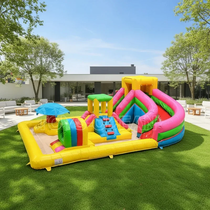 Kids Mini Inflatable Playground Combo with Slide, Climbing Wall and Obstacle Course Bounce House for Backyard Party Indoor Play