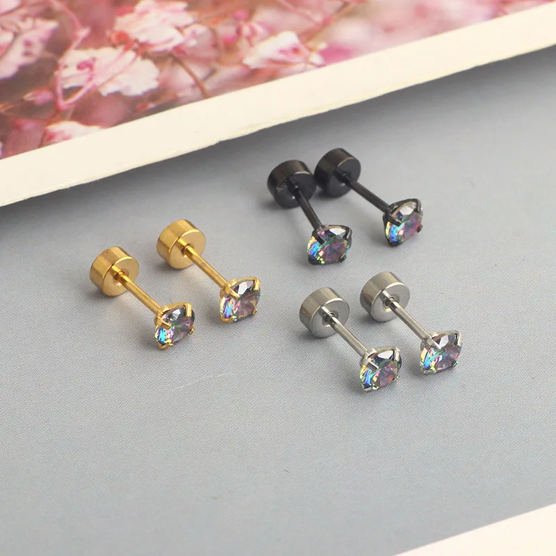 wholesales cartilage ear stud flat back screw cz crystal men ear stud clear rainbow color men earrings body piercings