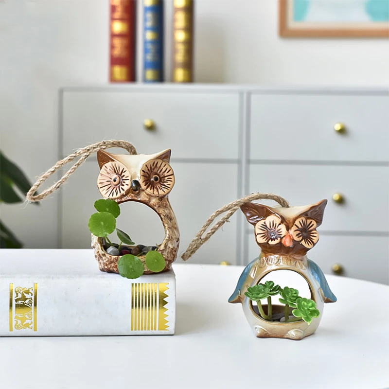 Cartoon Ceramic Flower Pots Cute Owl Hen Shape Linen Rope Hanging Flowerpot Green Plants Hydroponic Container Decor Planters