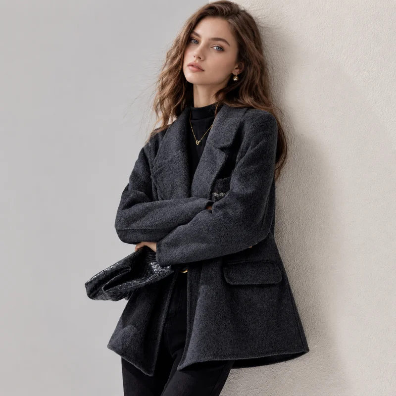 Women's Stand Collar Belted Mid Length Coat, Button Front Oversized Loose Fit Winter Overcoat