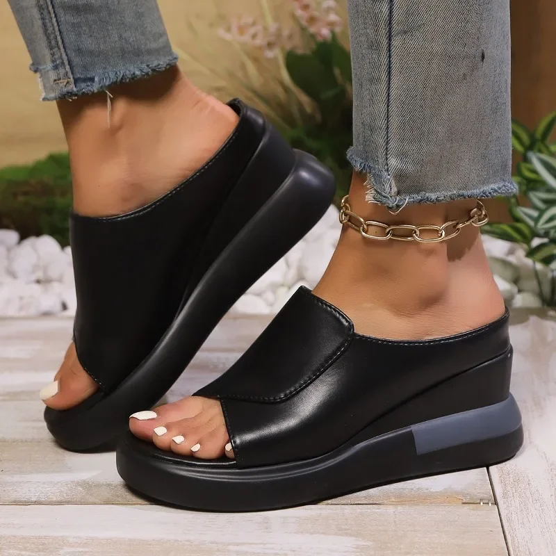 

Women's Slippers Wedge Large Size Round Toe Solid Slippers Women Leisure Daily Commute Summer Roman Concise Zapatillas De Mujer