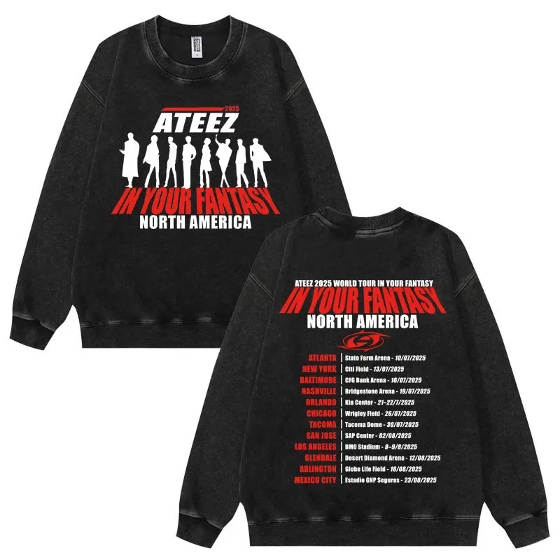 Ateez in Your Fantasy World Tour خمر غسل هوديي النساء الرجال س الرقبة طويلة الأكمام Crewneck البلوز بلوزة فضفاضة غير رسمية القمم