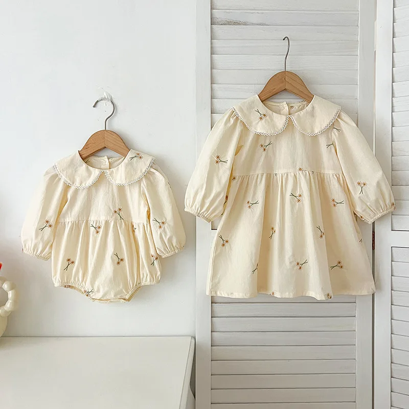 

Spring Autumn Girls Embroidered Lace Collar Romper Dress Matching Sister Outfits Long Sleeve Baby Bodysuit Toddler Twin Dresses