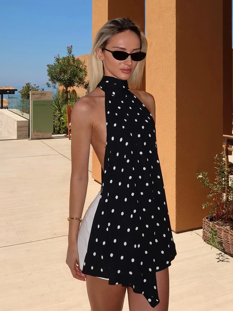 

HH 2025 женские новые модные топы черного цвета в горошек с открытой спиной и шнуровкой, женские летние сексуальные тонкие топы без рукавов