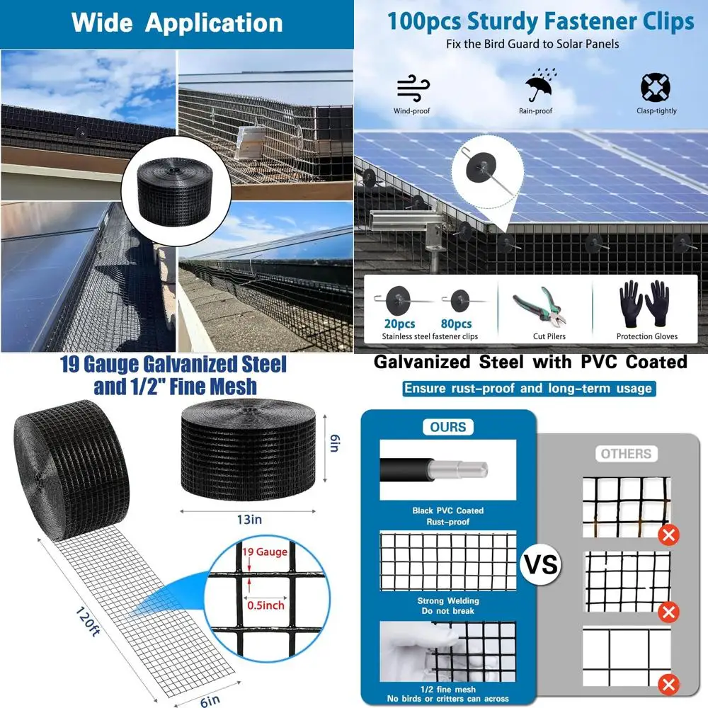 

6 x 120 Bird Guard with 100 Clips, 1/2 Mesh Black PVC Coated Animal Protection with Gloves and Pliers