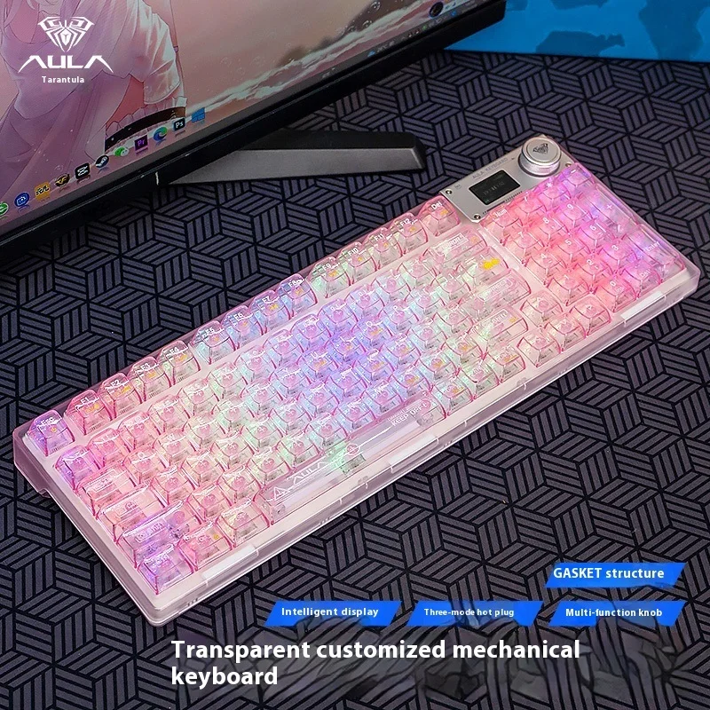 لوحة مفاتيح ميكانيكية AULA F98 Pro مع زر تدوير RGB بإضاءة خلفية شاشة مخصصة ثلاثية أوضاع لعبة Esports خاصة منحوتة 95 أغطية مفاتيح