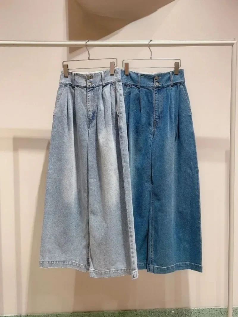 Japan Stil Plissee Denim Hosen Vintage Hohe Taille Gerade Lose Breite Bein Jeans 2024 Herbst Alle-spiel Casual Mode hosen