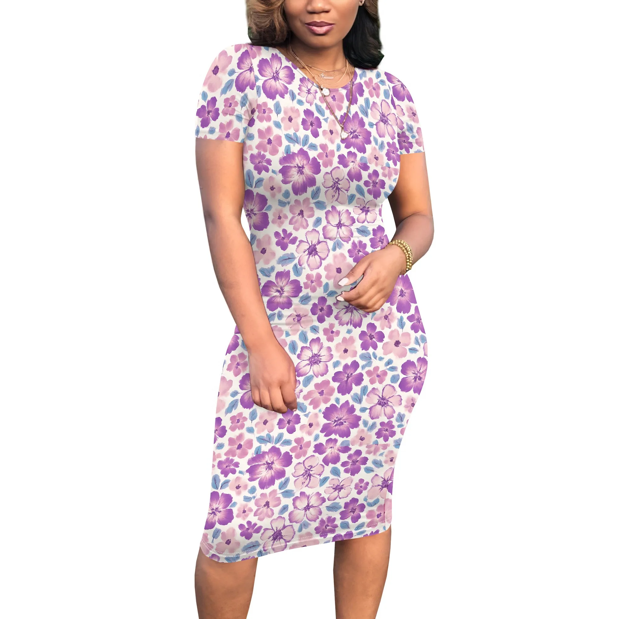 Women's Summer Funny Graphics Printed Bodycon Long Dress Crew Neck Short Sleeve Maxi Dresses