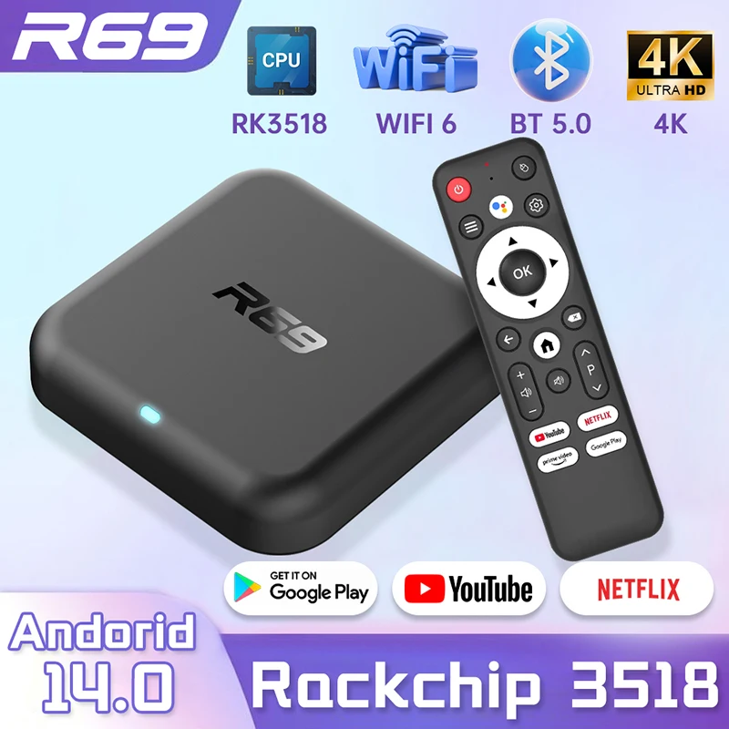 Janmifly R69 Smart TV Box Android 14 Rockchip RK3518 4K Wifi6 3D Google Assistant Netflix YouTube Bluetooth 5.0 Set Top Box