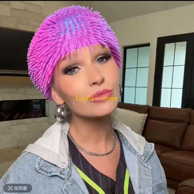 Y4QA قبعة كرة وخز مطاطية ناعمة، حجم قبعة شعر مضحكة، لعبة مرنة للفك نفس الأنماط المضحكة، هدية العيد، حفلة العطلة