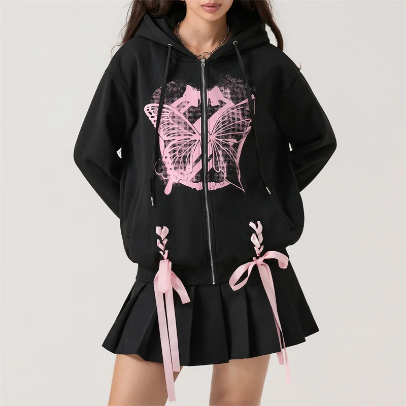 

hirigin Women Loose Casual Y2K Hoodies Butterfly Print Long Sleeve Harajuku Fall Jacket Zip-Up Oversized Sweatshirts Coats 2024