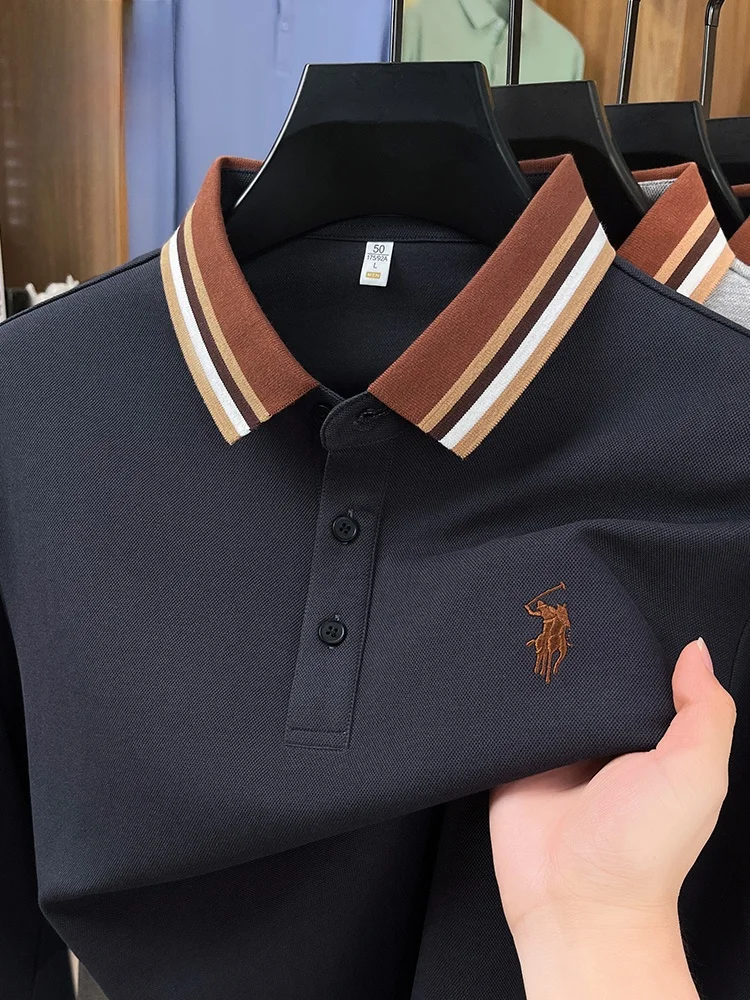 

Мужская повседневная универсальная футболка Lormen из длинного вельвета с вышивкой, с воротником, модная, для весны...