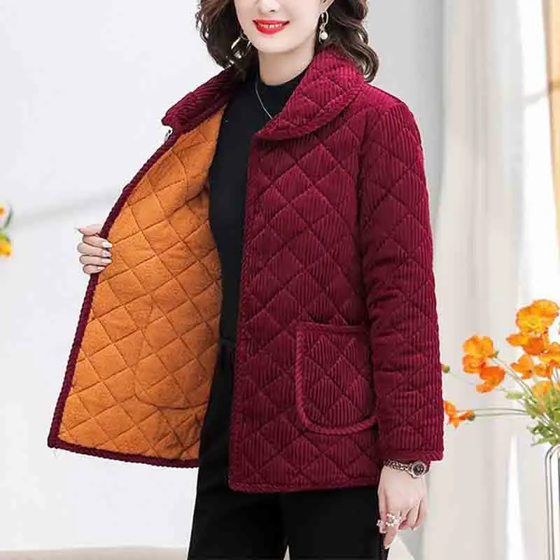 Veste en coton à manches longues pour femme, revers, bouton, poche, patchwork, chaud, épais, court, sourire, chaud, mode, hiver