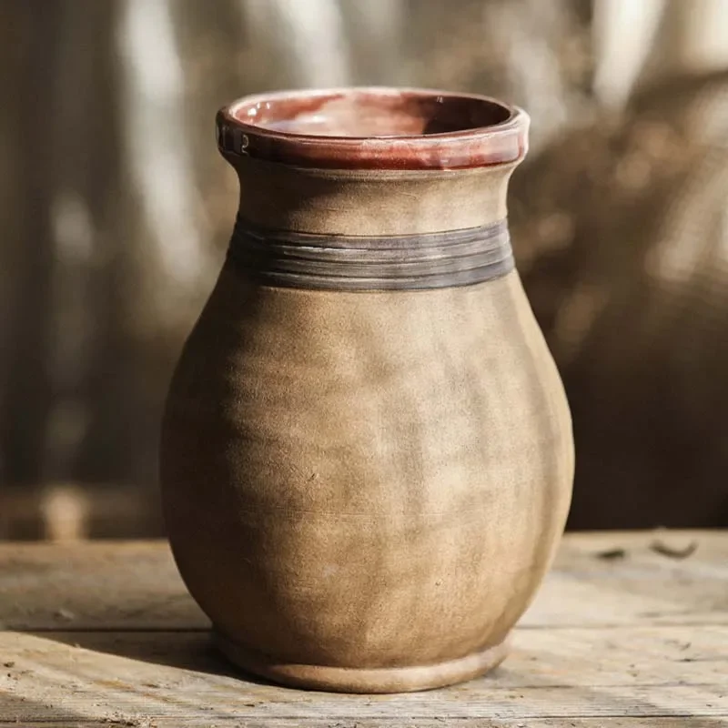 Retro vintage rough ceramic vase decoration, yellow homestay living room