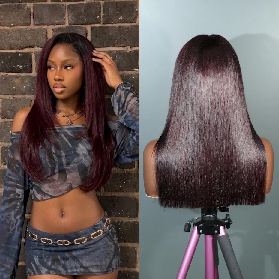 13x6 13x4 Lace Frontal Bob Wigs 100% Human Hair Dark 99J Burgundy Square Cut Raw Vietnamese 15A Bone Straight 250% Pre Plucked
