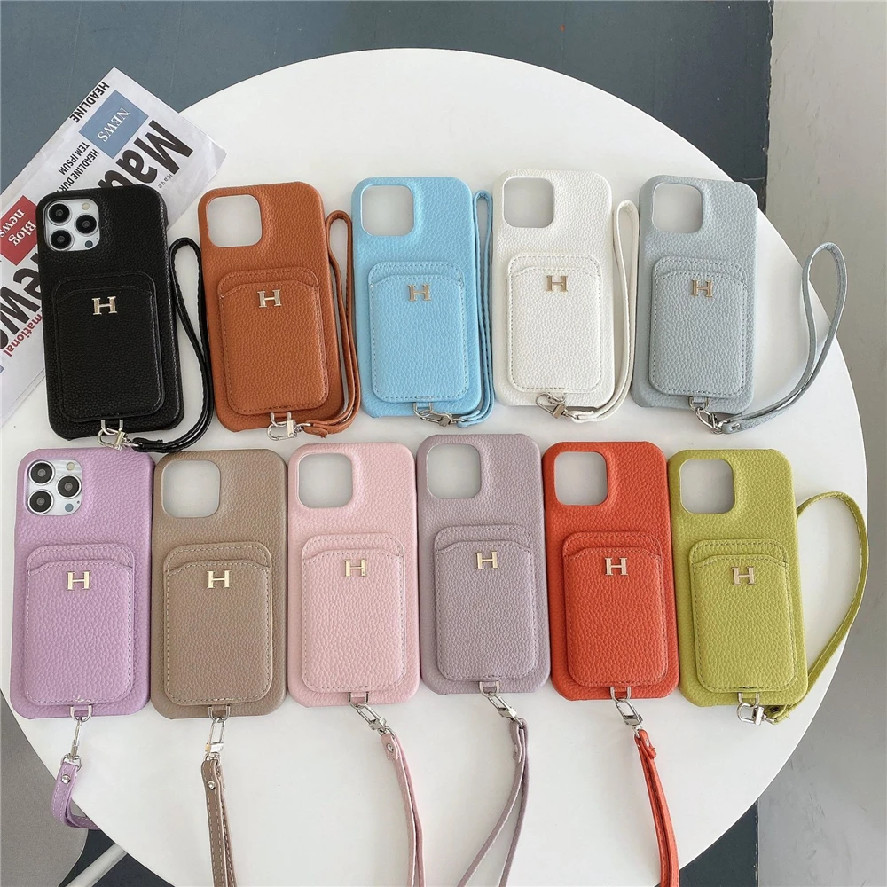 Litchi Pattern Wallet Hand Rope Case for iPhone 16 Pro Max 13 12 11 14 15 Pro Max 15 Plus Lady Leather Card Pocket Lanyard Cover