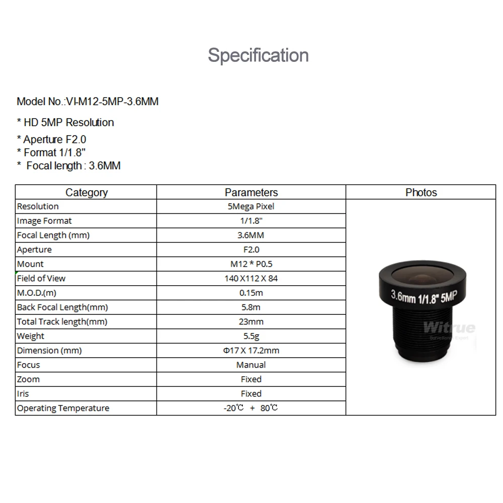 Witrue HD レンズ 5MP 3.6MM M12 マウント F2.0 1/1.8 650nm IR フィルター 監視セキュリティ CCTV カメラ用