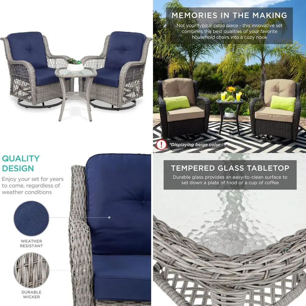 

3-Piece Outdoor Wicker Patio Bistro Set with 2 Swivel Rocking Chairs and Glass Top Side Table