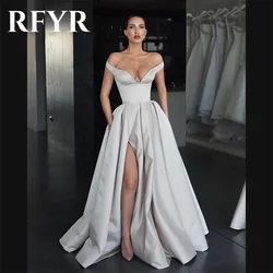 RFYR Elegant Gray Evening Dress Off Shoulder A-line вечернее платье Simple Satin Side Split Prom Dress Sweep Train Party Dress