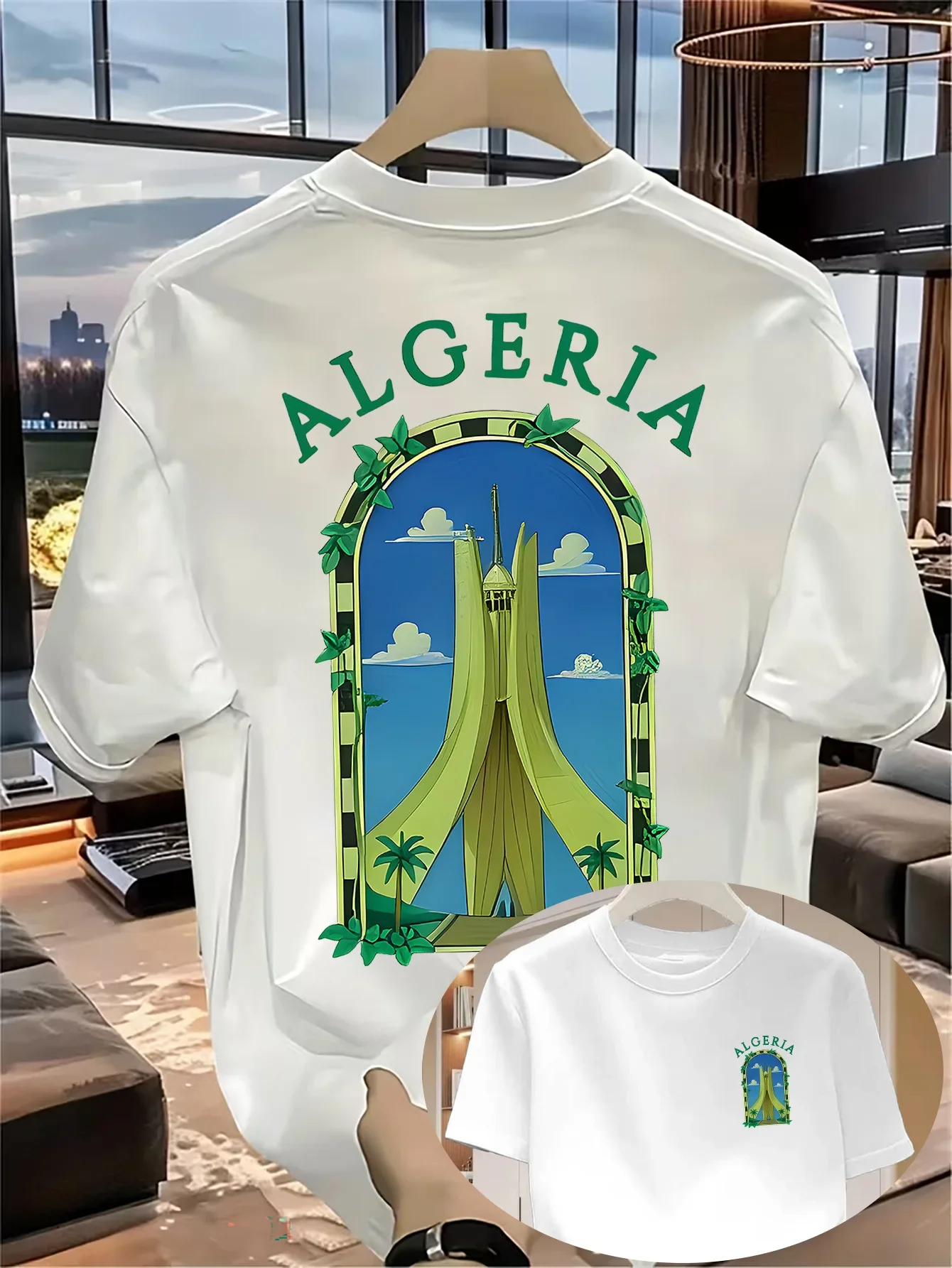 Unisex 100% Cotton Algerian Commemorative T-shirt Vintage Martyrs' Monument North Africa Travel Pattern Summer Vacation Top