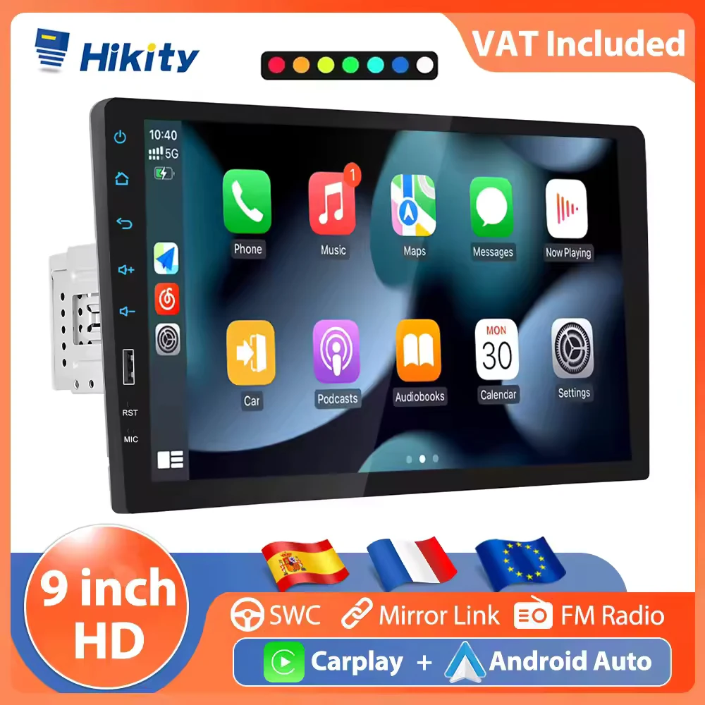 Hikity 9'' 1Din Lecteur MP5 de voiture, CarPlay sans fil, Android Auto, autoradio, D-Play, lecteur multimédia universel, Bluetooth, Mirror Link