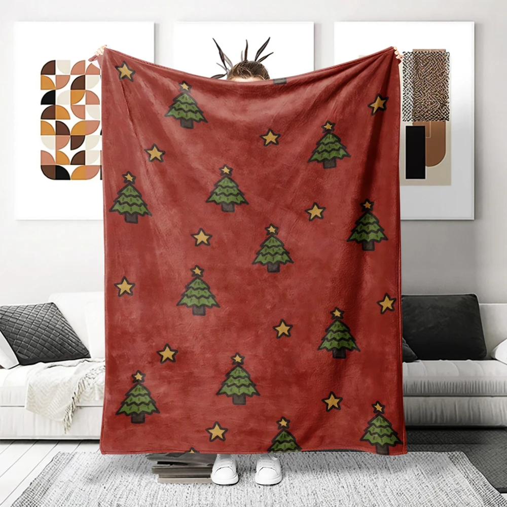 Red Christmas Trees Stars Flannel Blanket Perfect For Sofa Office Bed Travel Sleep Read Relax Camping Four Season Use