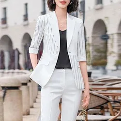 Blazer casual listrado para mulheres, terno justo de negócios, cintura temperamento, manga três quartos, pequeno, novo, primavera e verão, 2023